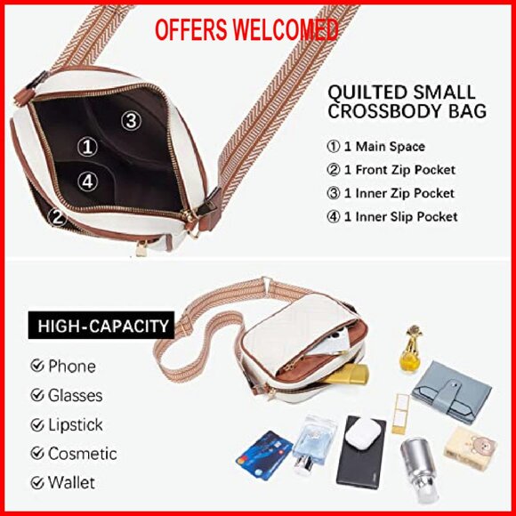 Small Quilted Vegan Leather Crossbody Bag with Wide Strap, Multi-Pocket - Picture 6 of 8